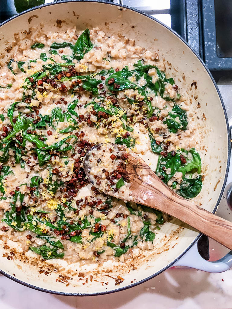 cooking at home during social distancing | cauliflower risotto with pancetta and greens | foodwithaview.com