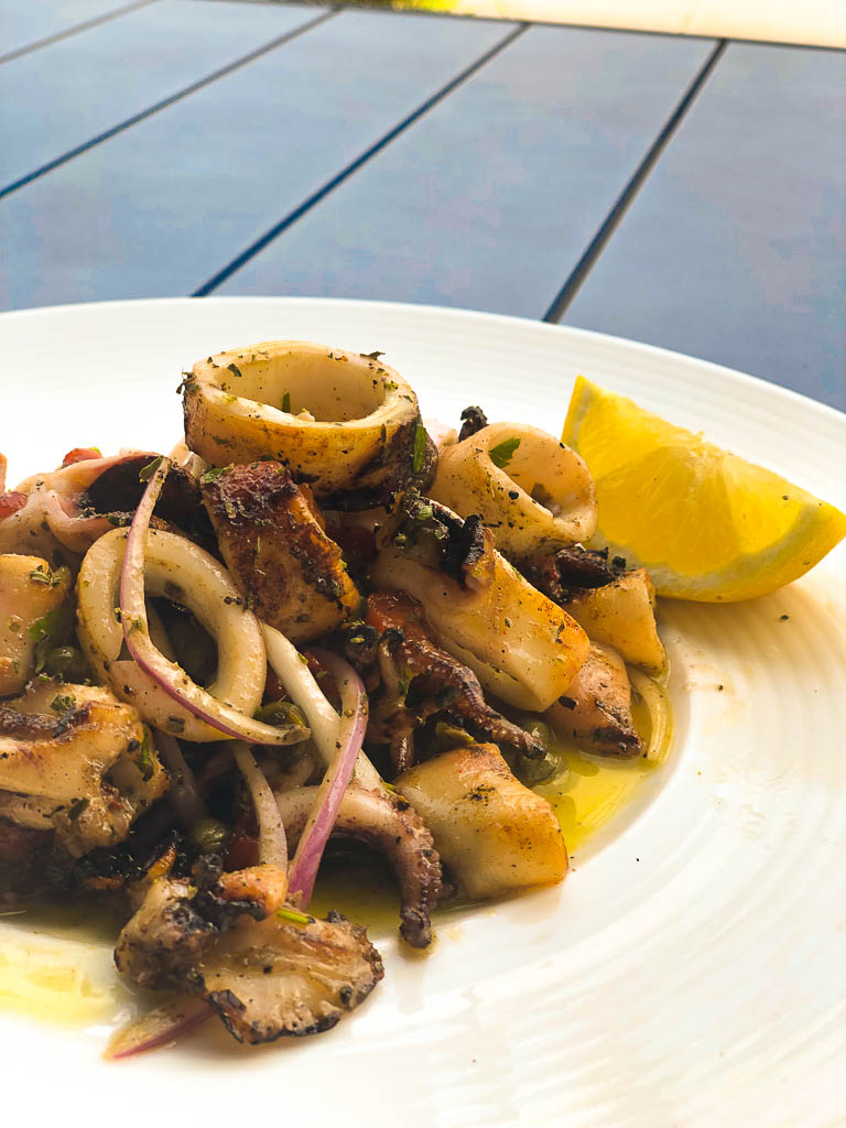 Grilled calamari appetizer | EVOO + Lemon restaurant review | foodwithaview.com