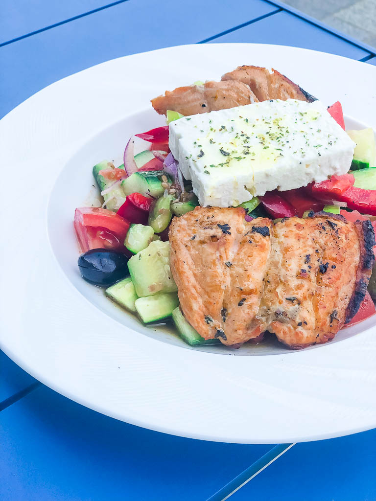 Greek salad with grilled salmon and feta cheese | EVOO + Lemon restaurant review | foodwithaview.com