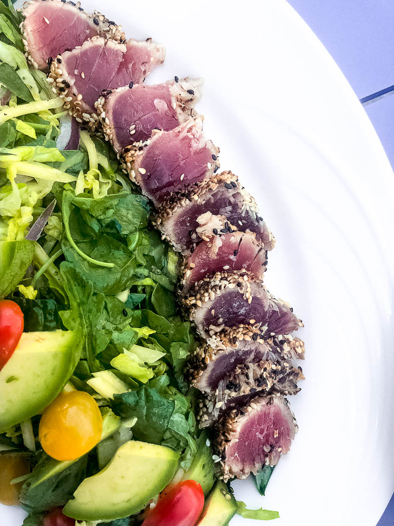 Grilled sesame tuna with tomato and avocado salad | EVOO + Lemon restaurant review | foodwithaview.com