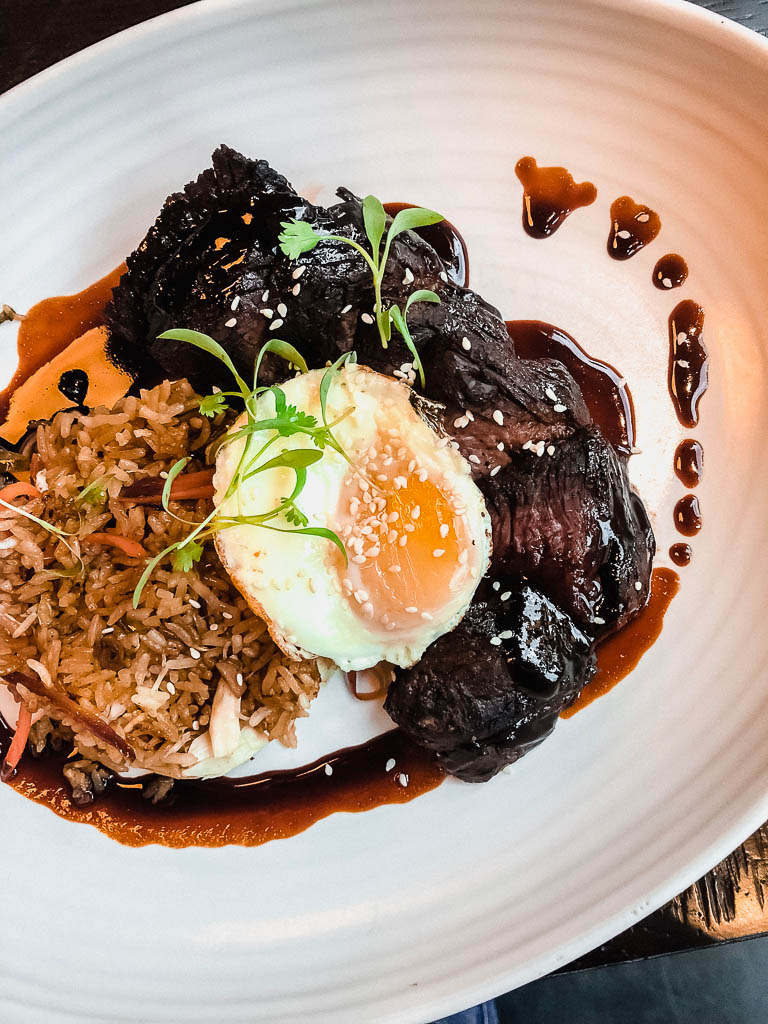 Hangar steak with fried egg and crab fried rice | The Cassidy Bar + Kitchen | NJ Restaurant Reviews | foodwithaview.com